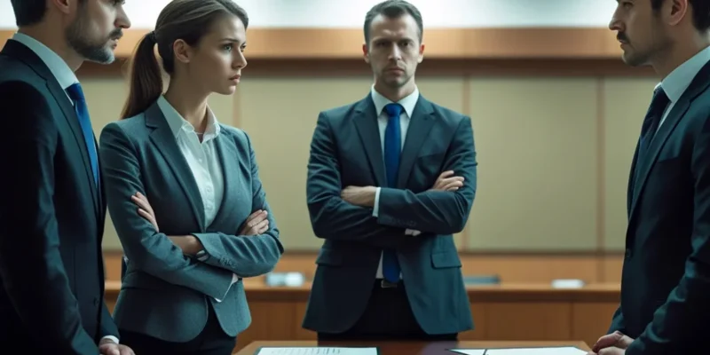 Um advogado e sua cliente simbolizando a busca por reparação na justiça por discriminação no trabalho.