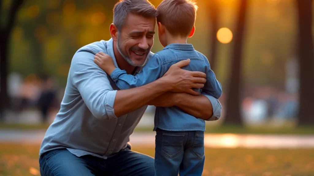 Pai abraçando filho, simbolizando o início do processo de investigação de paternidade e pedido de pensão alimentícia.