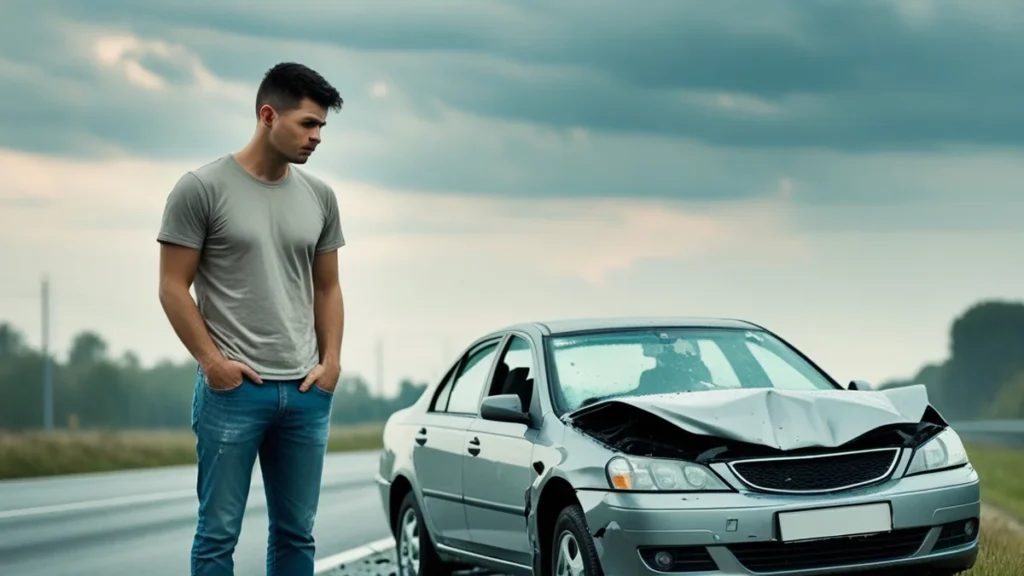 Carro batido, simbolizando as implicações jurídicas de um acidente de trânsito.