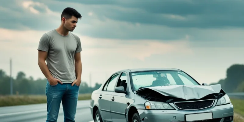 Carro batido, simbolizando as implicações jurídicas de um acidente de trânsito.