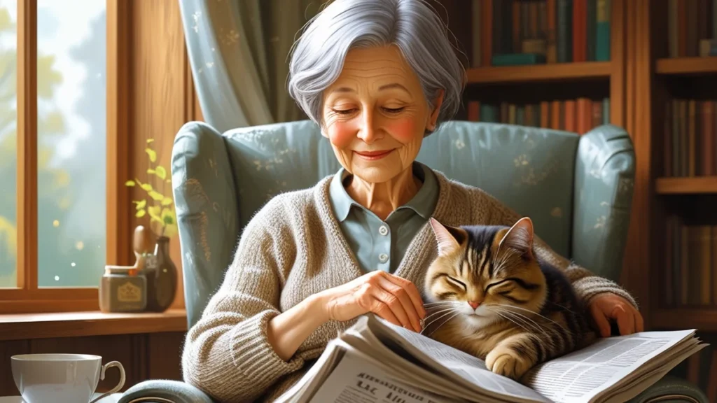 Senhora sentada em sua poltrona com seu gato lendo jornal