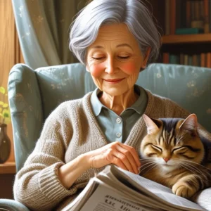 Senhora sentada em sua poltrona com seu gato lendo jornal