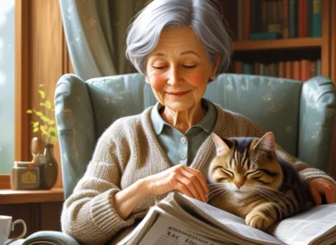 Senhora sentada em sua poltrona com seu gato lendo jornal