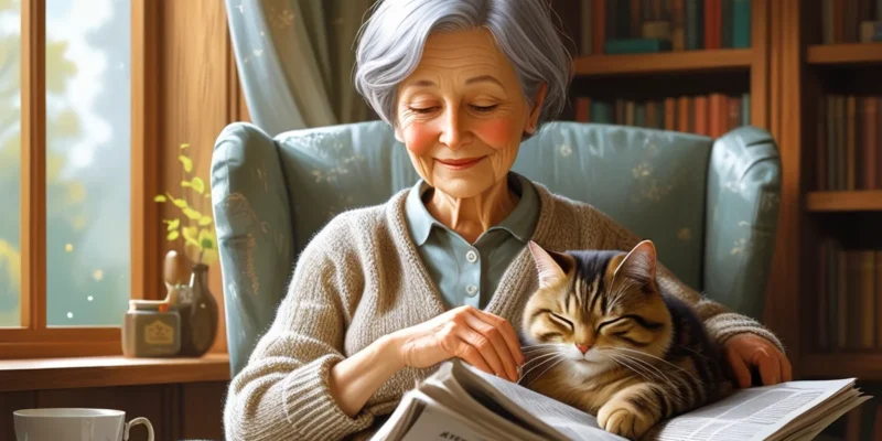 Senhora sentada em sua poltrona com seu gato lendo jornal