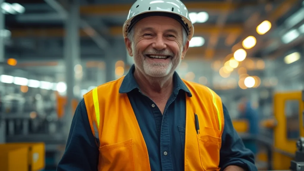 Pessoa idosa sorrindo, vestindo uniforme de trabalho, simbolizando a liberdade e os direitos do aposentado de continuar trabalhando.