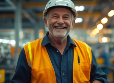 Pessoa idosa sorrindo, vestindo uniforme de trabalho, simbolizando a liberdade e os direitos do aposentado de continuar trabalhando.