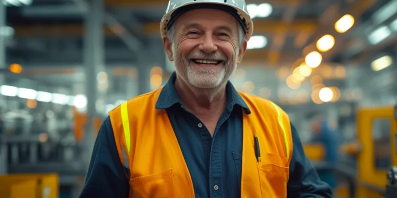 Pessoa idosa sorrindo, vestindo uniforme de trabalho, simbolizando a liberdade e os direitos do aposentado de continuar trabalhando.