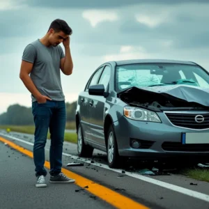 Homem com seu carro batido, simbolizando a importância de declarar o condutor habitual.