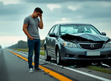 Homem com seu carro batido, simbolizando a importância de declarar o condutor habitual.
