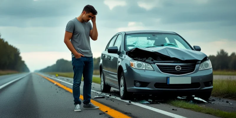 Homem com seu carro batido, simbolizando a importância de declarar o condutor habitual.
