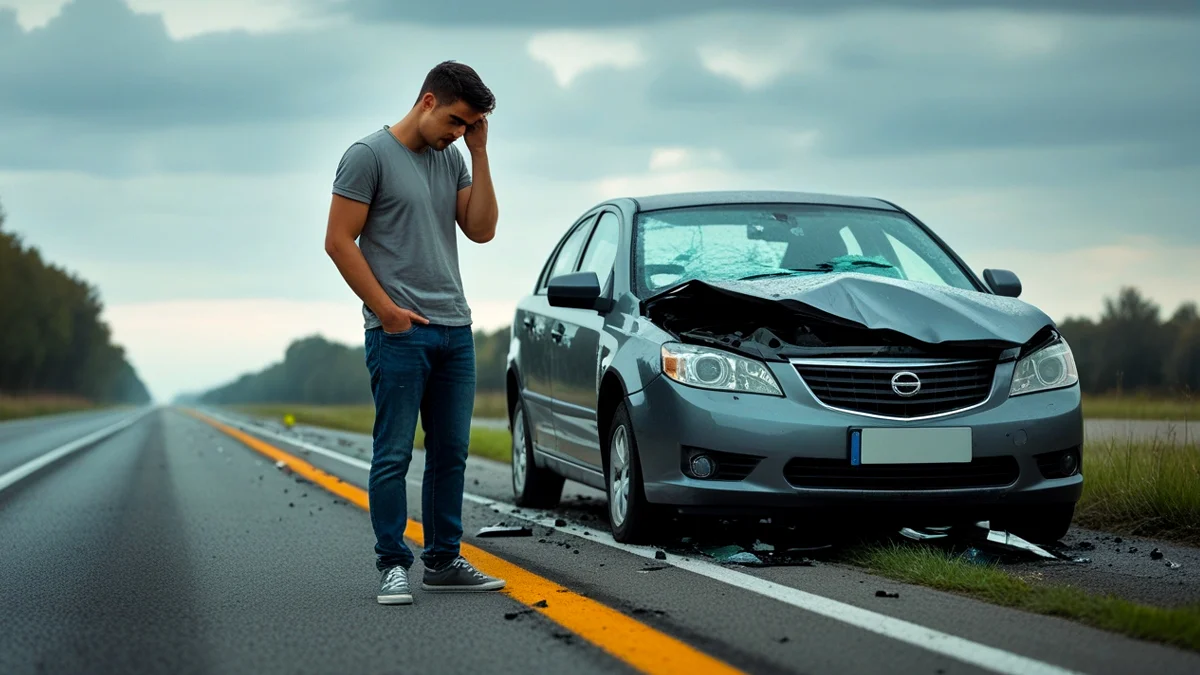 Homem com seu carro batido, simbolizando a importância de declarar o condutor habitual.
