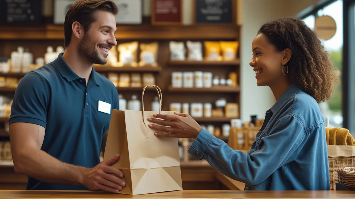 Vendedor fazendo uma venda para uma moça, simbolizando a legalidade e a justiça na cobrança de comissões sobre vendas de produtos no Brasil.