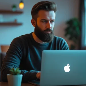 homem olhando computador esperando estorno de compra cancelada