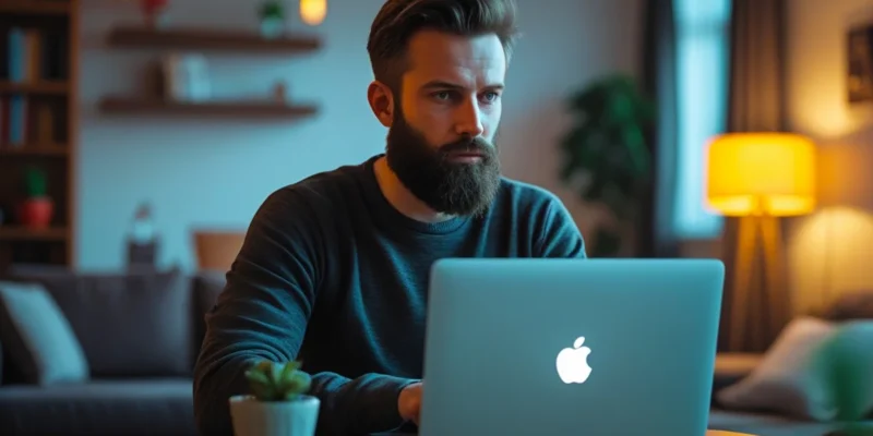 homem olhando computador esperando estorno de compra cancelada