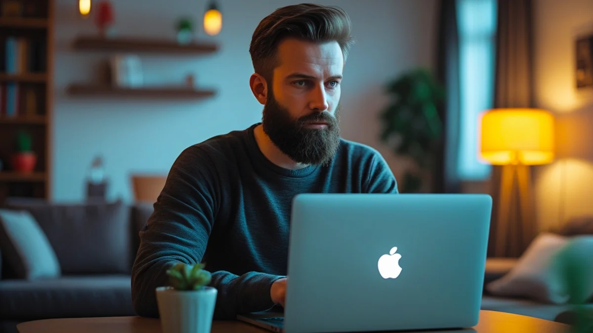 homem olhando computador esperando estorno de compra cancelada