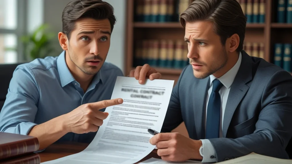 Um inquilino com expressão questionadora aponta para uma cláusula em um contrato de aluguel, enquanto um advogado ao seu lado, em um escritório, analisa o documento atentamente, simbolizando a busca por orientação jurídica contra cláusulas abusivas.