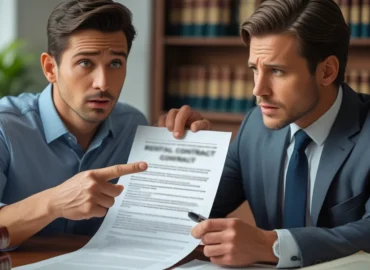 Um inquilino com expressão questionadora aponta para uma cláusula em um contrato de aluguel, enquanto um advogado ao seu lado, em um escritório, analisa o documento atentamente, simbolizando a busca por orientação jurídica contra cláusulas abusivas.