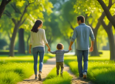 Pai e mãe caminhando com filho no parque, simbolizando o bem para a criança, mesmo após separação.