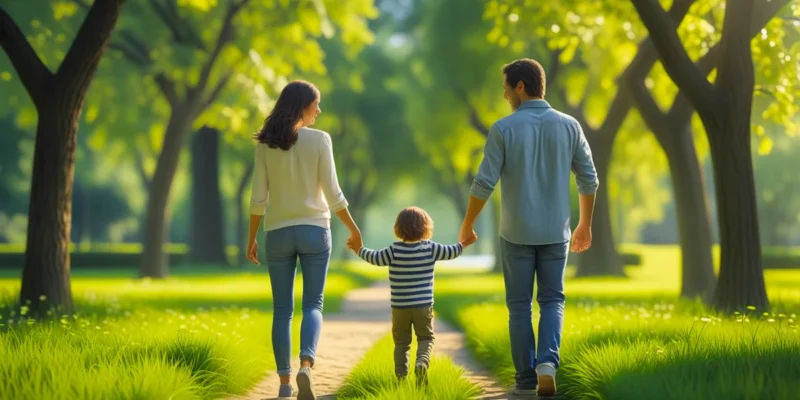 Pai e mãe caminhando com filho no parque, simbolizando o bem para a criança, mesmo após separação.