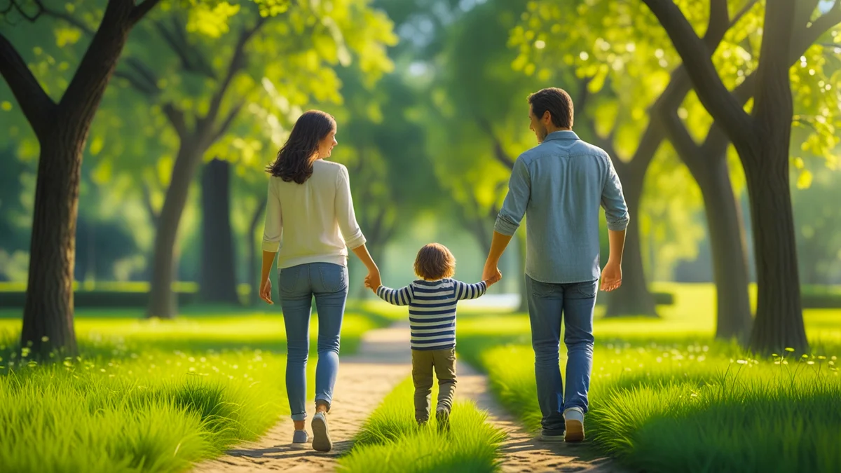 Pai e mãe caminhando com filho no parque, simbolizando o bem para a criança, mesmo após separação.