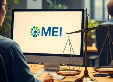 Uma pessoa em frente a um computador, com o logo do MEI, e ao lado uma balança da justiça em desequilíbrio, simbolizando a linha tênue e a fraude na pejotização de relações de trabalho.