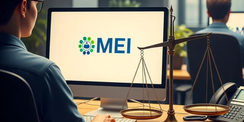Uma pessoa em frente a um computador, com o logo do MEI, e ao lado uma balança da justiça em desequilíbrio, simbolizando a linha tênue e a fraude na pejotização de relações de trabalho.