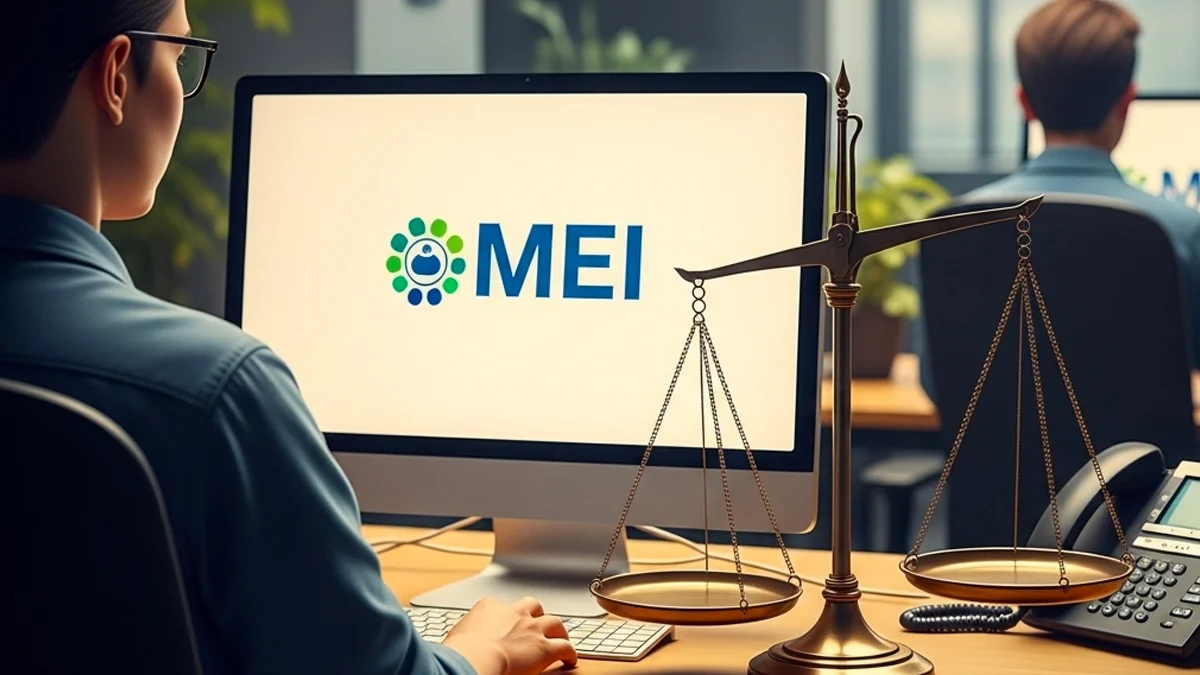 Uma pessoa em frente a um computador, com o logo do MEI, e ao lado uma balança da justiça em desequilíbrio, simbolizando a linha tênue e a fraude na pejotização de relações de trabalho.