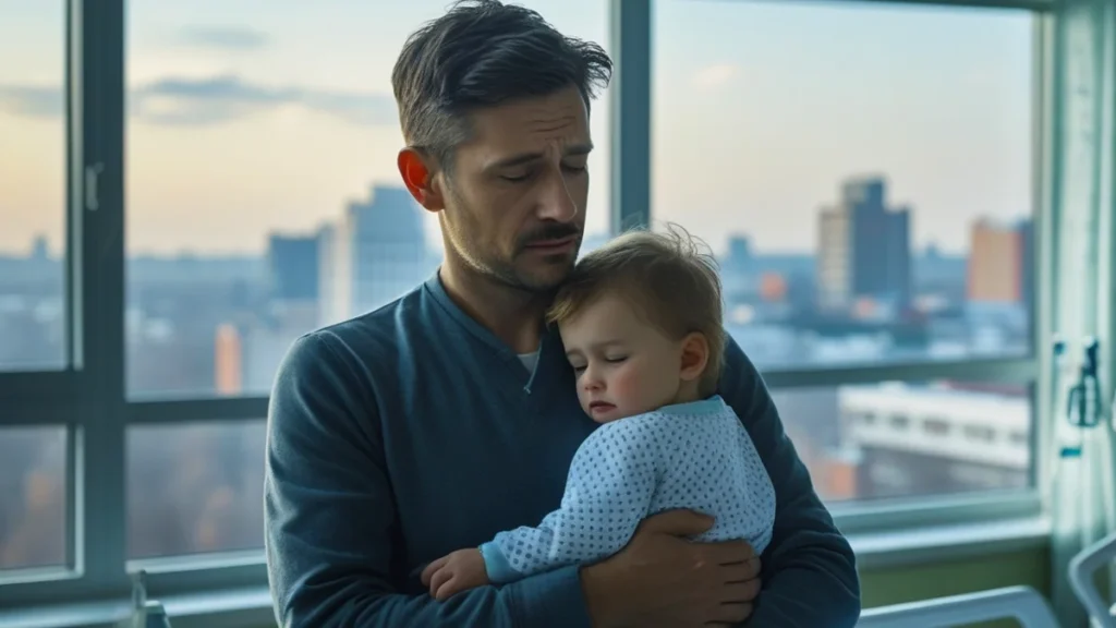 Um pai com um bebê no colo simbolizando a responsabilidade de sustentar todos os filhos