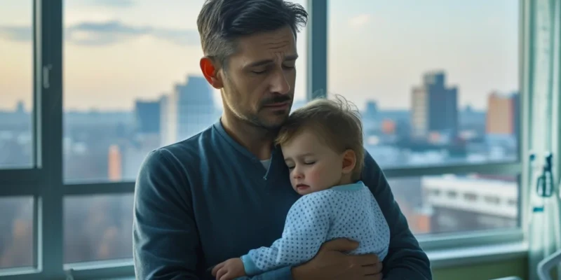 Um pai com um bebê no colo simbolizando a responsabilidade de sustentar todos os filhos