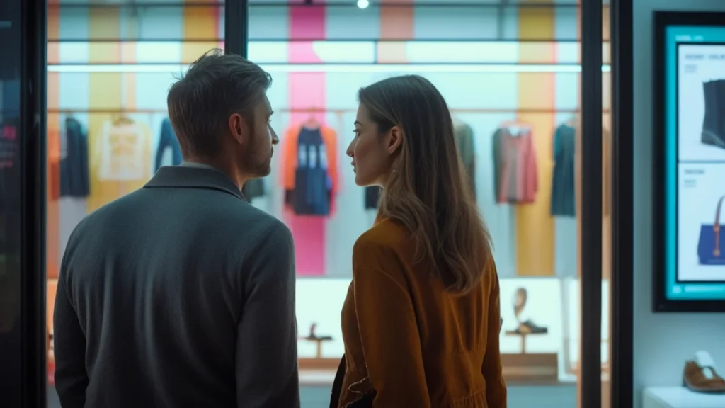 Casal olhando uma vitrine, representando as consequências legais e financeiras da propaganda enganosa para vendedores e empresas.