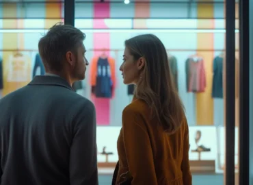 Casal olhando uma vitrine, representando as consequências legais e financeiras da propaganda enganosa para vendedores e empresas.