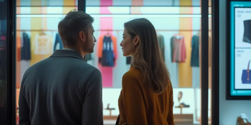 Casal olhando uma vitrine, representando as consequências legais e financeiras da propaganda enganosa para vendedores e empresas.