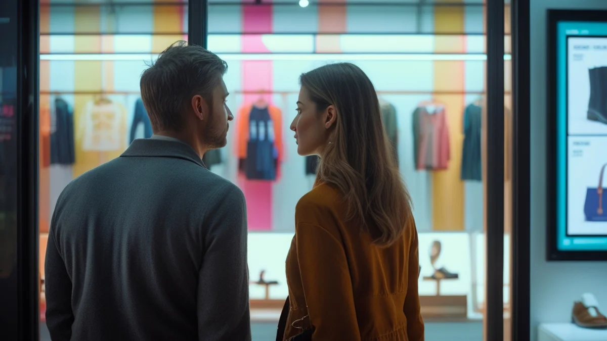 Casal olhando uma vitrine, representando as consequências legais e financeiras da propaganda enganosa para vendedores e empresas.