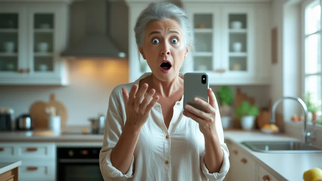 Uma idosa que acabou de sofrer um golpe pelo telefone, representando a proteção familiar contra fraudes financeiras e golpes contra idosos.