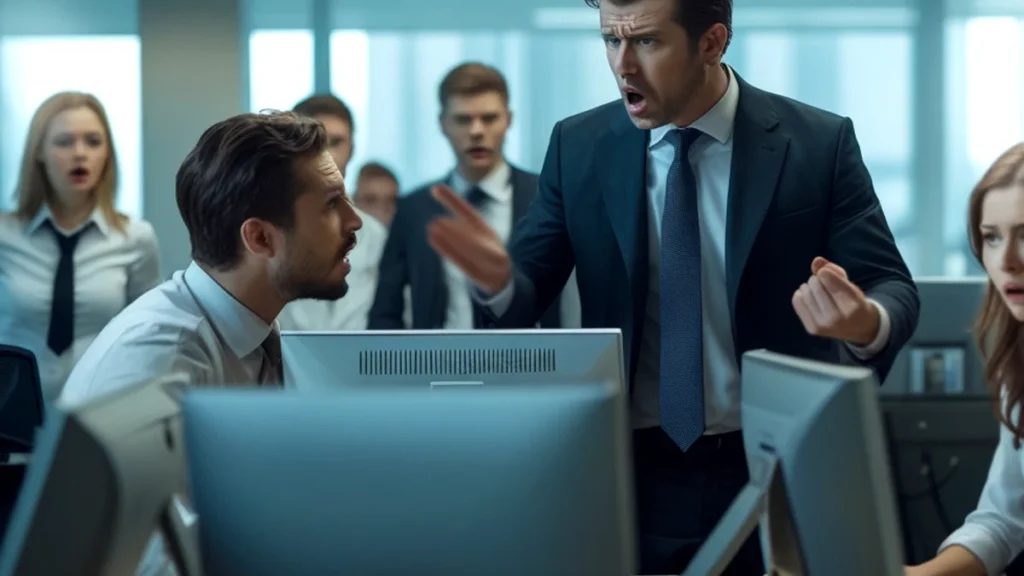 Chefe brigando com funcionário, representando a busca por amparo legal para problemas psicológicos no ambiente de trabalho.