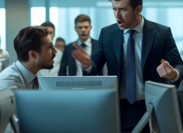Chefe brigando com funcionário, representando a busca por amparo legal para problemas psicológicos no ambiente de trabalho.