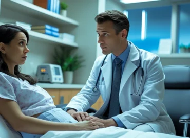 Mulher sentada no hospital com expressão de cansaço e estresse, representando a Síndrome de Burnout no ambiente profissional.
