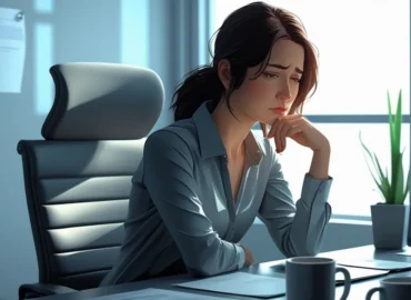 Mulher preocupada no trabalho, simbolizando a transferência repentina de um empregado para outra localidade