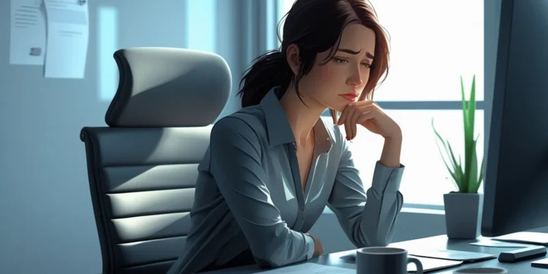 Mulher preocupada no trabalho, simbolizando a transferência repentina de um empregado para outra localidade