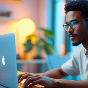 Uma pessoa olhando para um computador com ícones de segurança e um cadeado, simbolizando a proteção contra fraudes bancárias e a recuperação de valores perdidos.