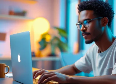 Uma pessoa olhando para um computador com ícones de segurança e um cadeado, simbolizando a proteção contra fraudes bancárias e a recuperação de valores perdidos.