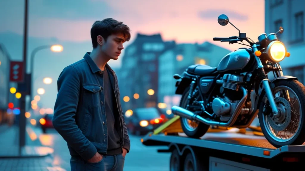 Advogado especialista em trânsito mostrando documentos a um motociclista profissional em frente a um escritório, simbolizando a solução para a recuperação de moto apreendida.