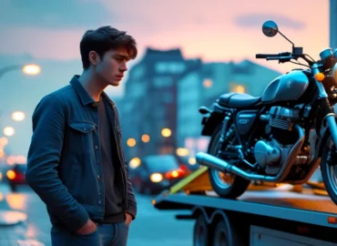 Advogado especialista em trânsito mostrando documentos a um motociclista profissional em frente a um escritório, simbolizando a solução para a recuperação de moto apreendida.