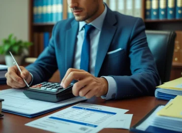 Advogado especialista em direito do trabalho usando calculadora e analisando um holerite para calcular as horas extras e reflexos devidos a um funcionário conforme a CLT.