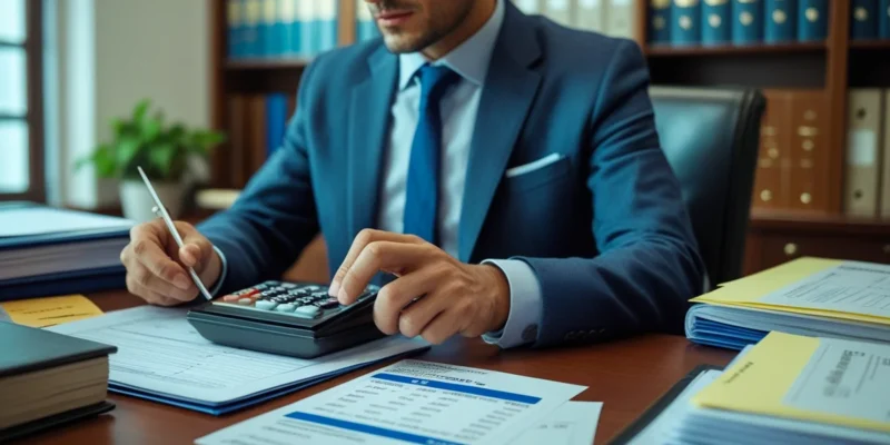Advogado especialista em direito do trabalho usando calculadora e analisando um holerite para calcular as horas extras e reflexos devidos a um funcionário conforme a CLT.