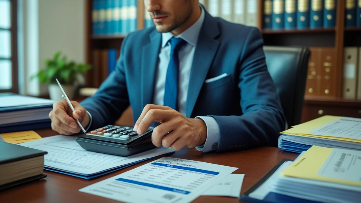 Advogado especialista em direito do trabalho usando calculadora e analisando um holerite para calcular as horas extras e reflexos devidos a um funcionário conforme a CLT.