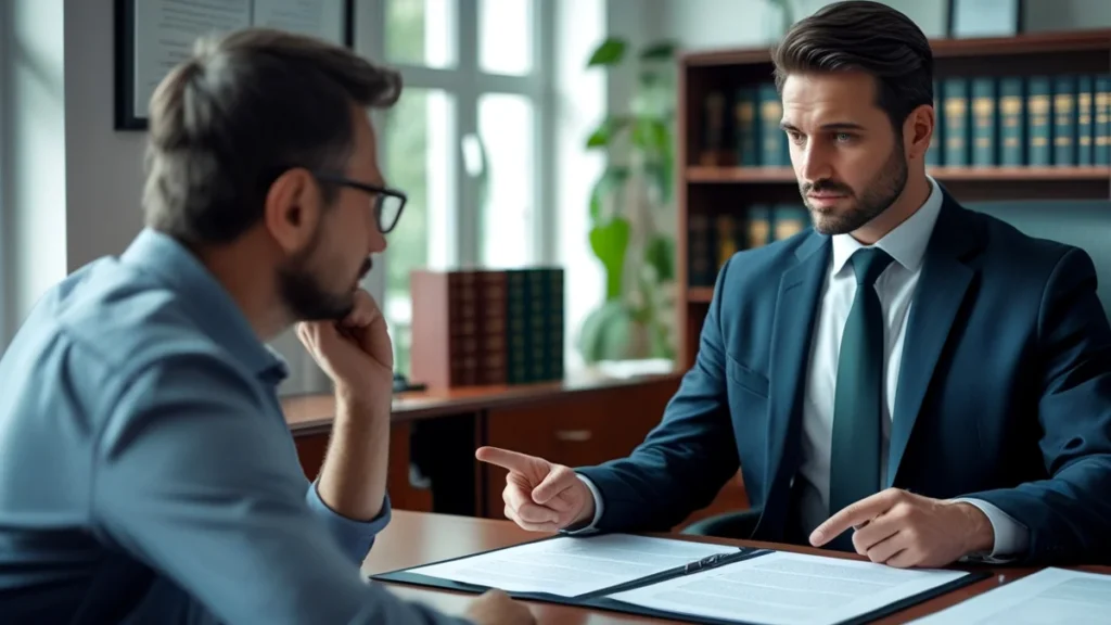 Advogado trabalhista em um escritório moderno, explicando para um cliente os direitos relacionados ao intervalo intrajornada, com um relógio e um calendário ao fundo simbolizando a jornada de trabalho.