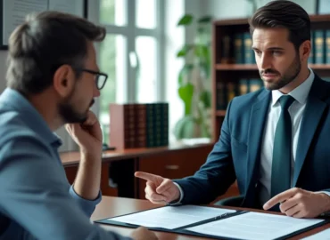 Advogado trabalhista em um escritório moderno, explicando para um cliente os direitos relacionados ao intervalo intrajornada, com um relógio e um calendário ao fundo simbolizando a jornada de trabalho.