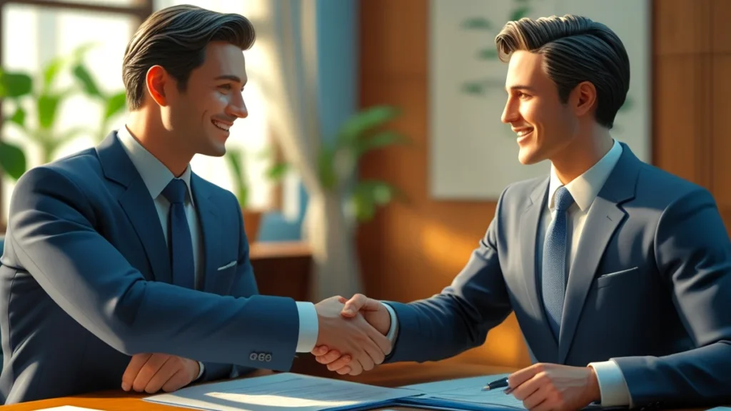 Dois advogados, representando empregado e empresa, apertam as mãos sobre uma mesa de reunião com documentos, simbolizando a conclusão bem-sucedida de um acordo extrajudicial trabalhista homologado.