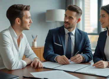 Um casal sentado em um escritório, discutindo com um advogado sobre um contrato de união estável em uma mesa. A imagem transmite a ideia de planejamento e segurança jurídica no relacionamento.